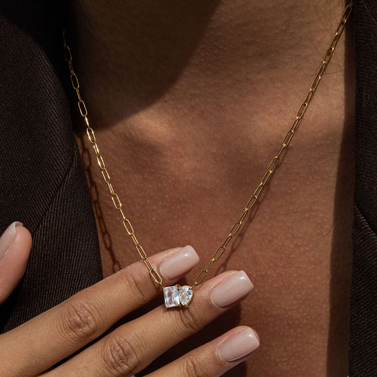 Heart and Square Zirconia Pendant Necklace