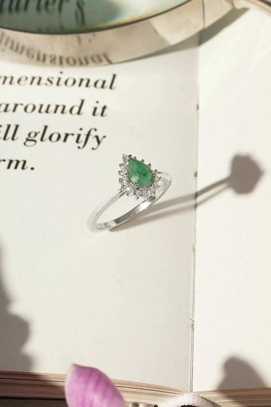 Emerald Drop Ring with Moissanites 925 Sterling Silver