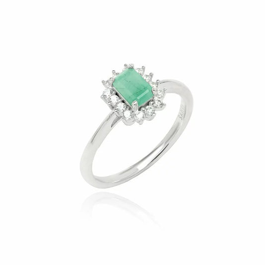 Emerald Rectangle Ring with Moissanites 925 Sterling Silver