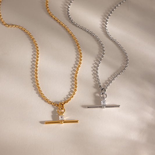 Rolo Chain Crystal T-Bar Necklace