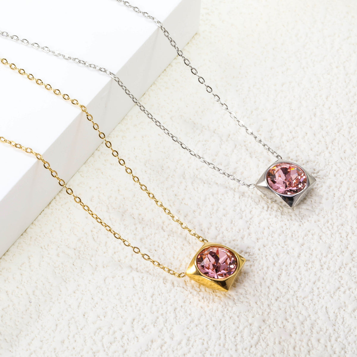 Square Frame Solitaire Necklace | Pink Zirconia