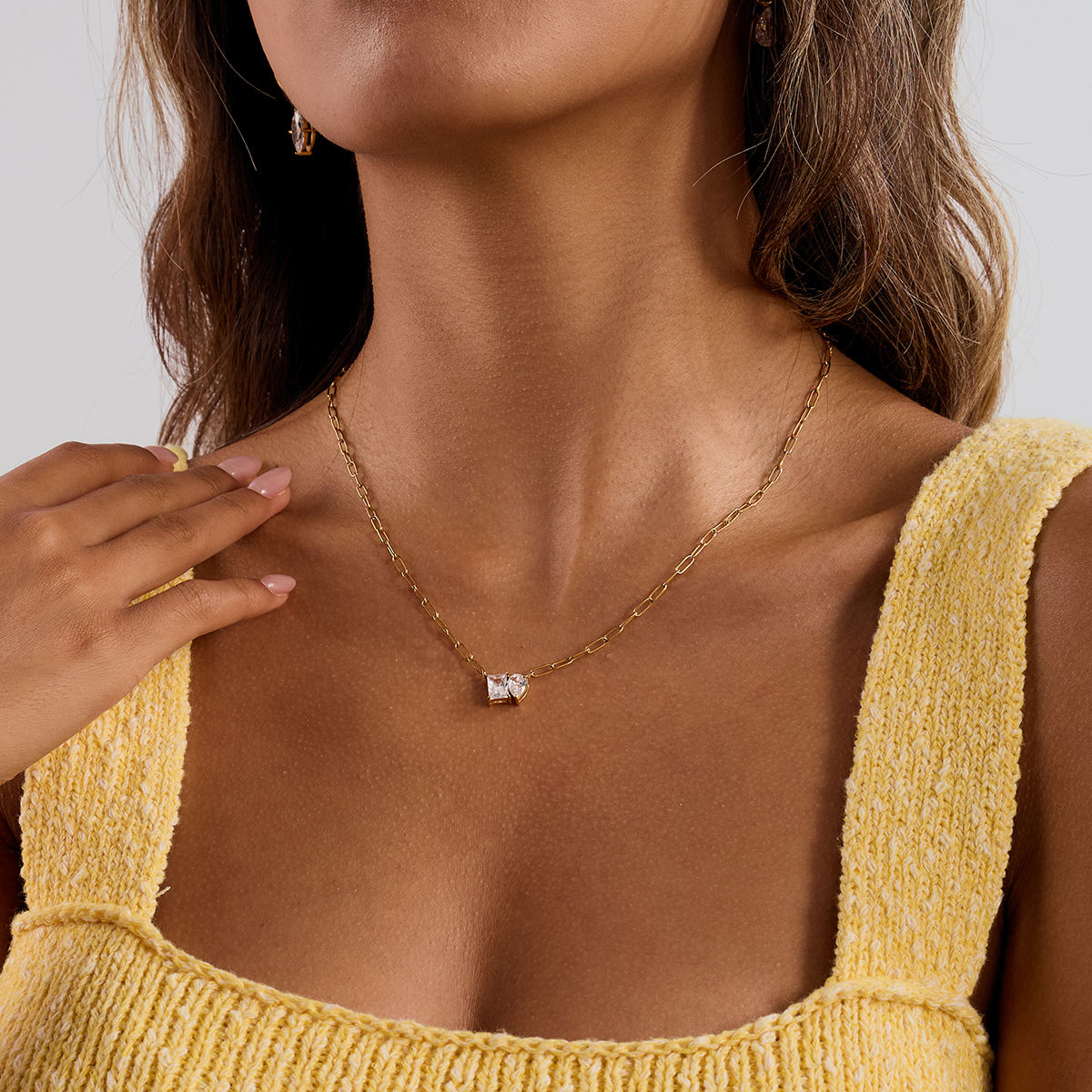 Heart and Square Zirconia Pendant Necklace