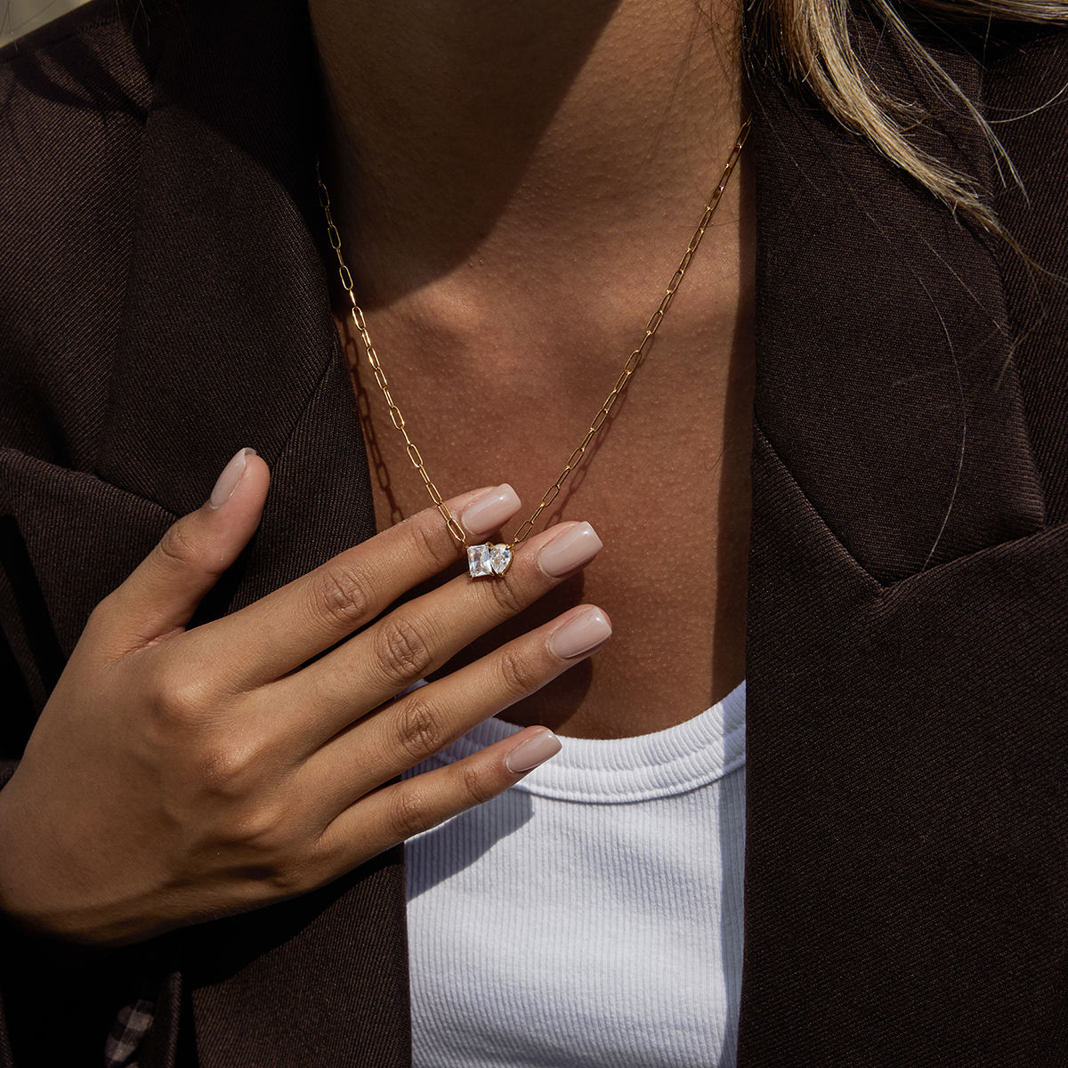 Heart and Square Zirconia Pendant Necklace