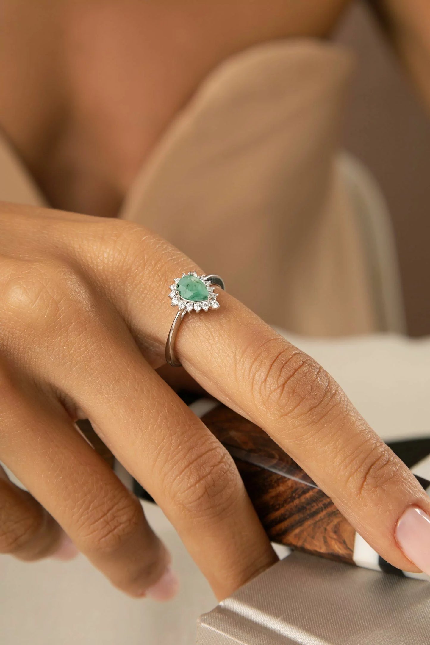 Emerald Drop Ring with Moissanites 925 Sterling Silver