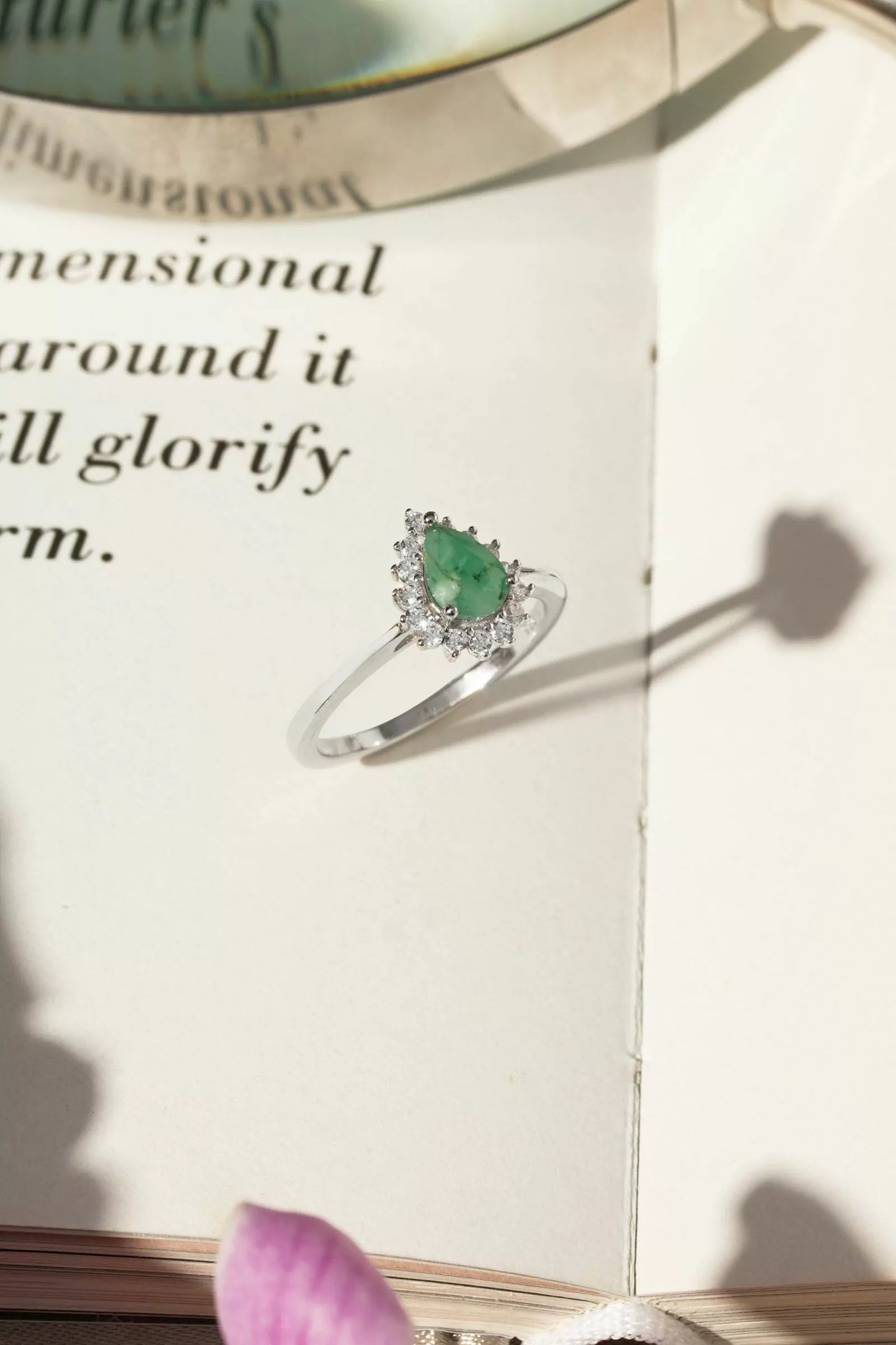 Emerald Drop Ring with Moissanites 925 Sterling Silver