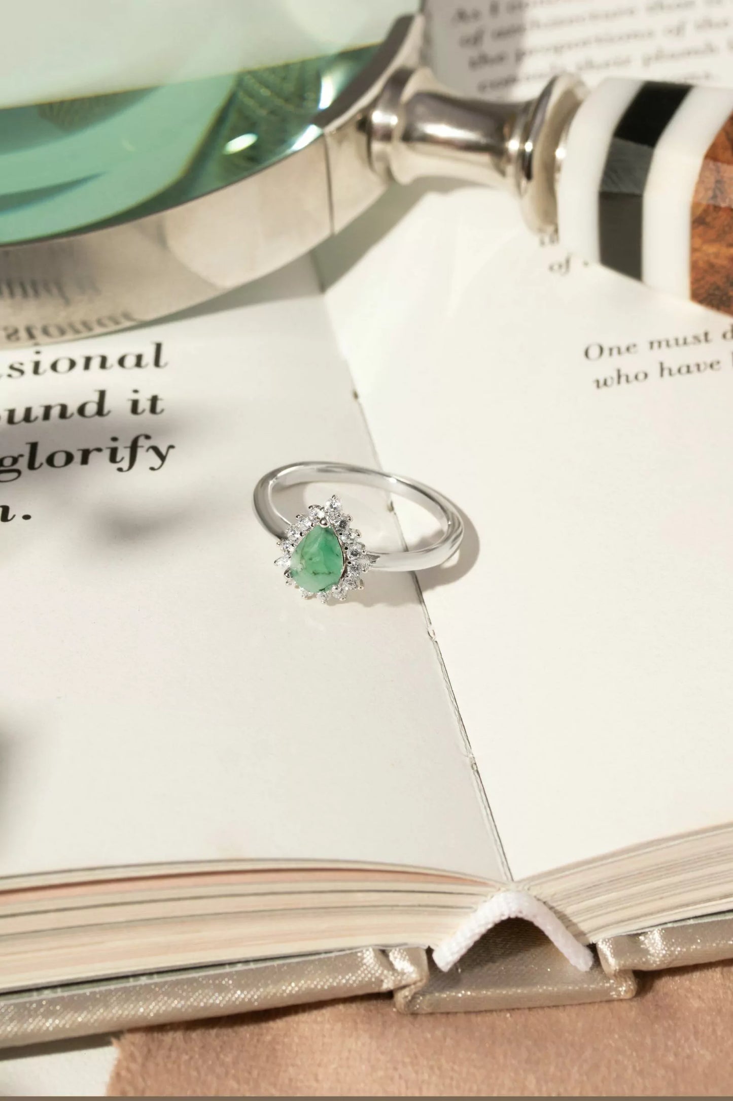 Emerald Drop Ring with Moissanites 925 Sterling Silver