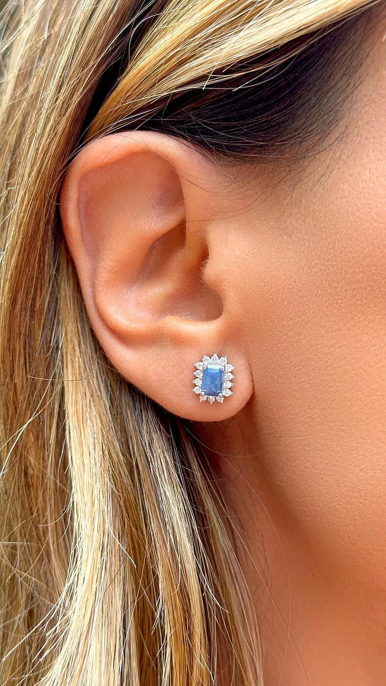 Sapphire Blue Moissanite Rectangle Earrings