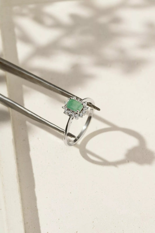 Emerald Rectangle Ring with Moissanites 925 Sterling Silver