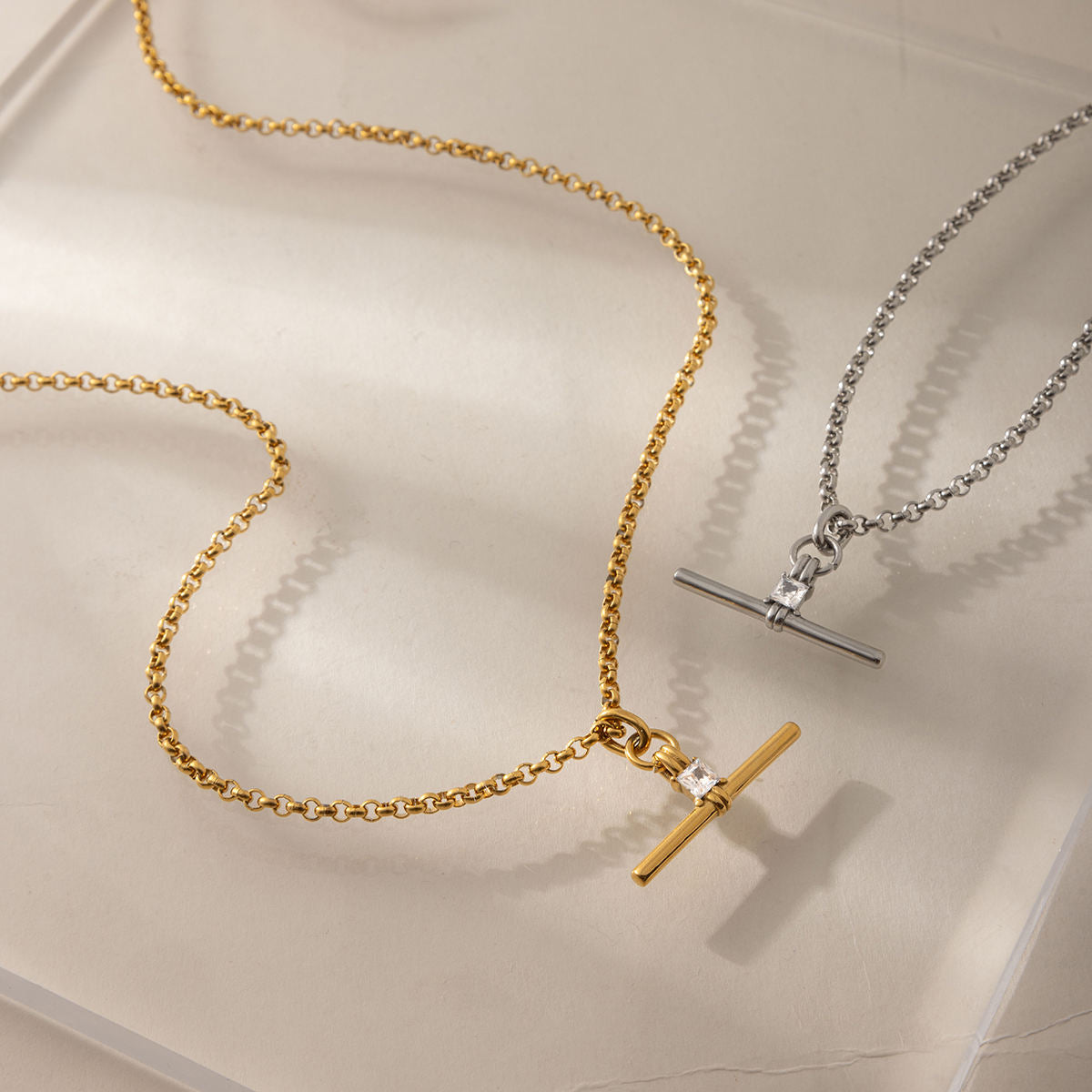 Rolo Chain Crystal T-Bar Necklace