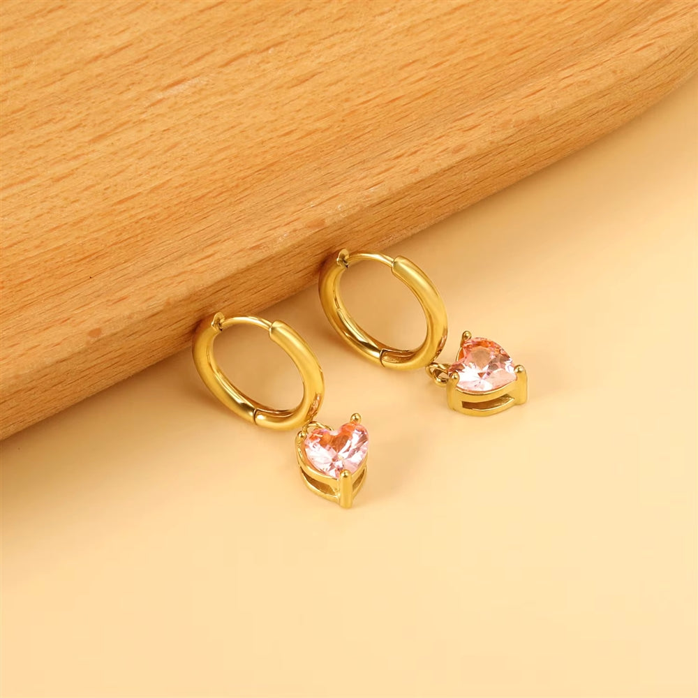 Pink Heart Crystal Hoop Earrings