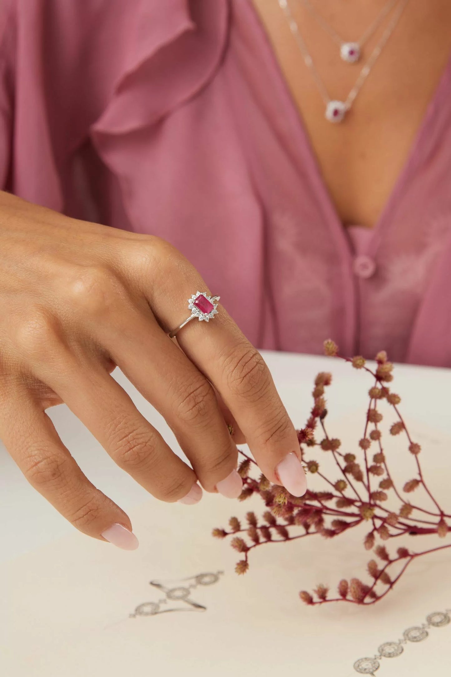 Fusion Ruby Ring with Moissanites 925 Sterling Silver