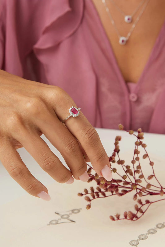 Fusion Ruby Ring with Moissanites 925 Sterling Silver