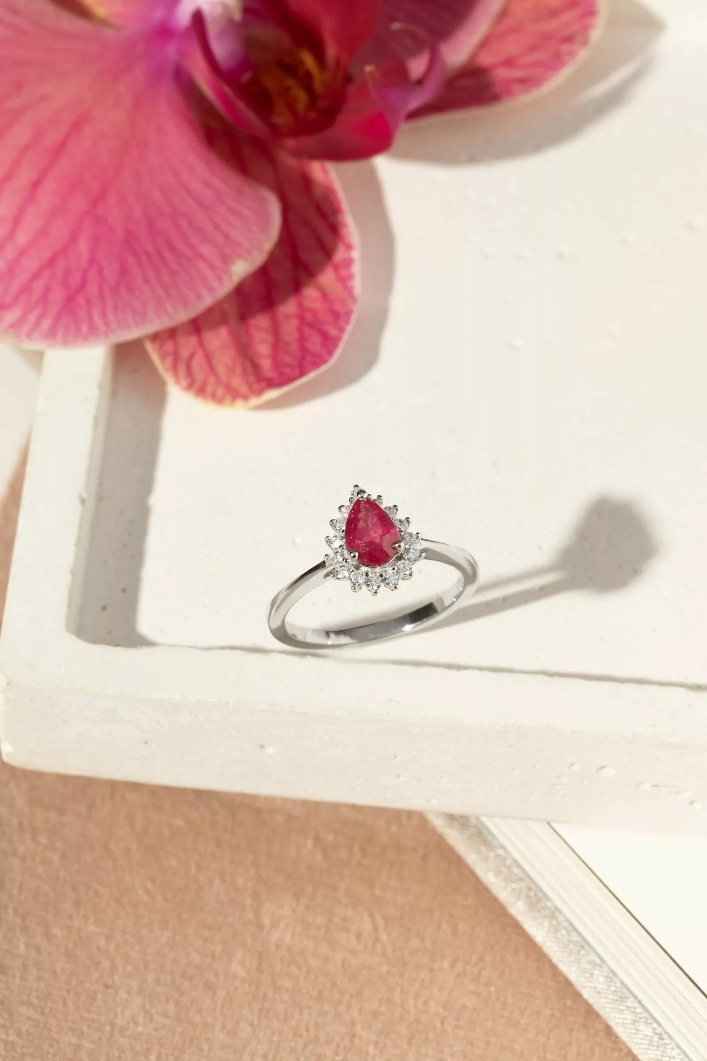 Fusion Ruby Drop Ring with Moissanites – 925 Silver