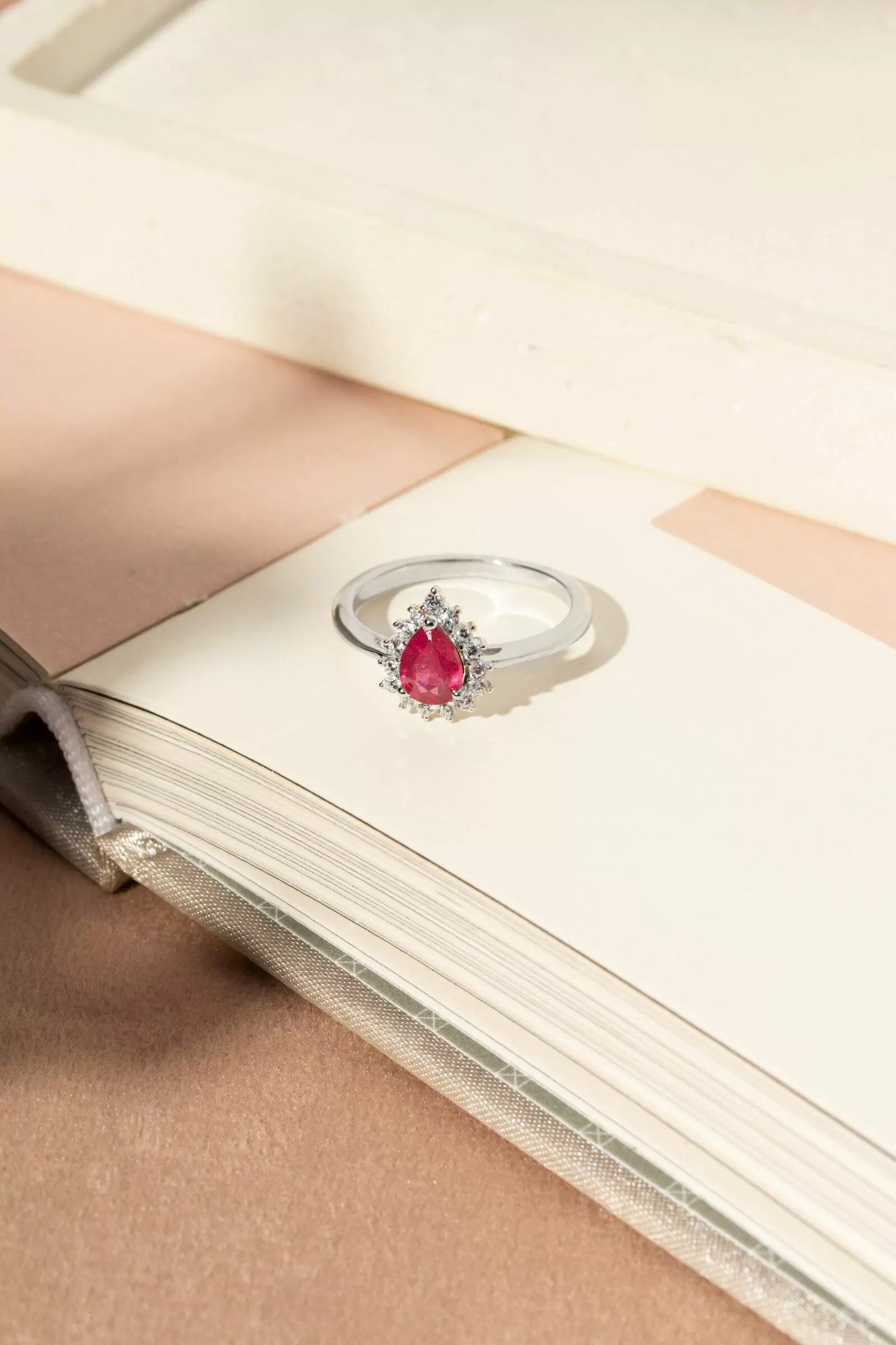 Fusion Ruby Drop Ring with Moissanites – 925 Silver