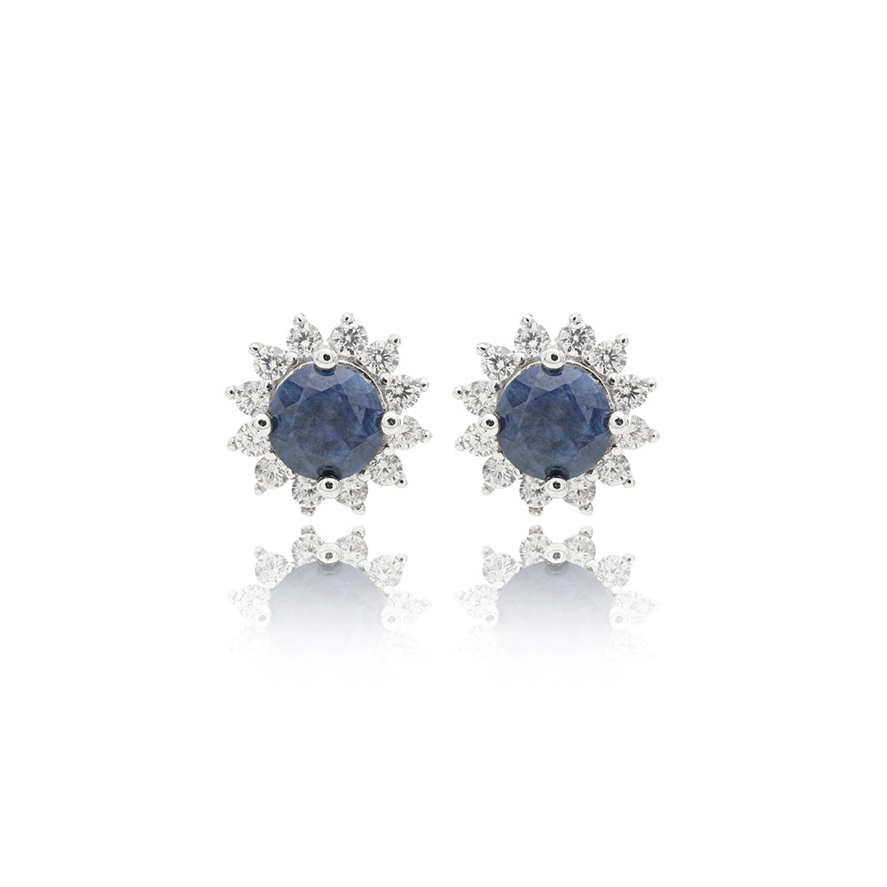 Fusion Sapphire Round Stud Earrings with Moissanite 925 Sterling Silver