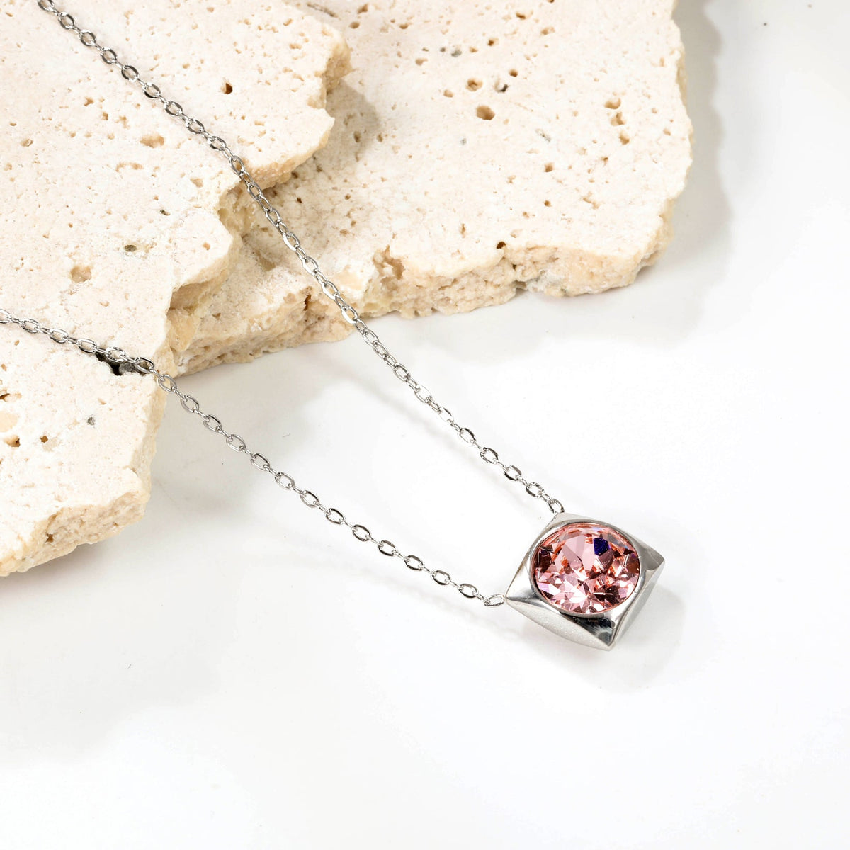 Square Frame Solitaire Necklace | Pink Zirconia